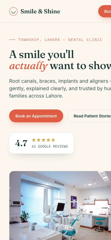 Smile and Shine Clinic website on mobile