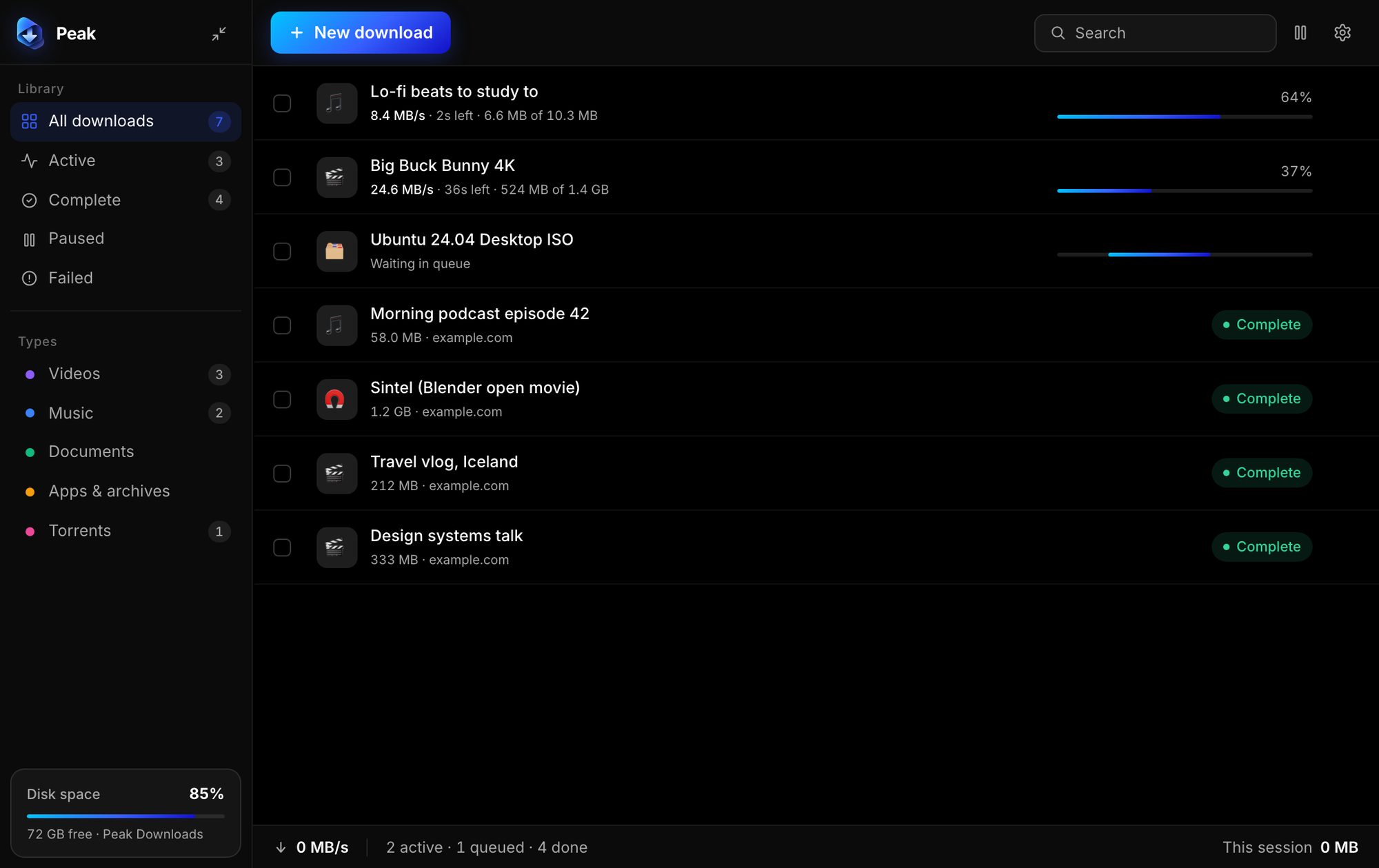 Download list with progress indicators