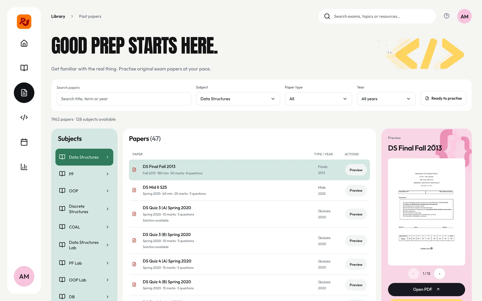 Searchable past-paper library