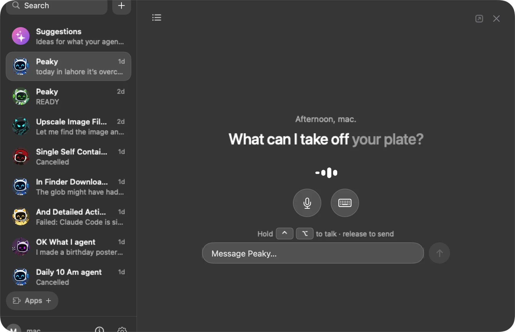 Main window with the agent list and voice prompt