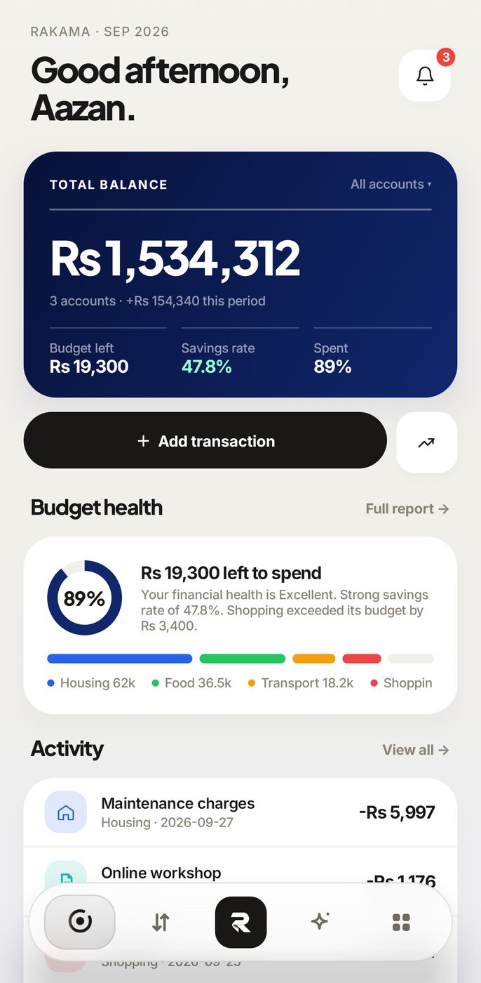 Android home with balance and recent activity
