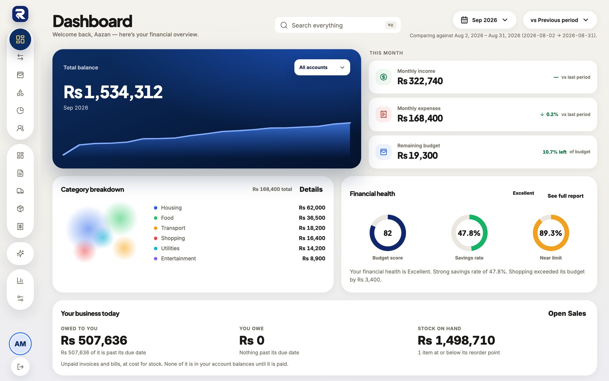 Web dashboard with balances and spending charts