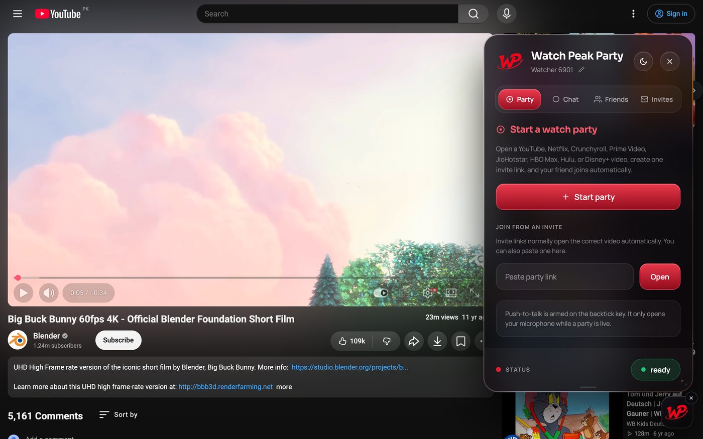 Party panel over a YouTube player